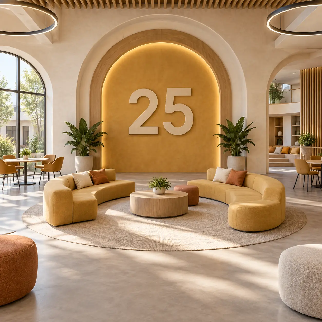 Multipurpose campus interior with a large 25 numeral.
