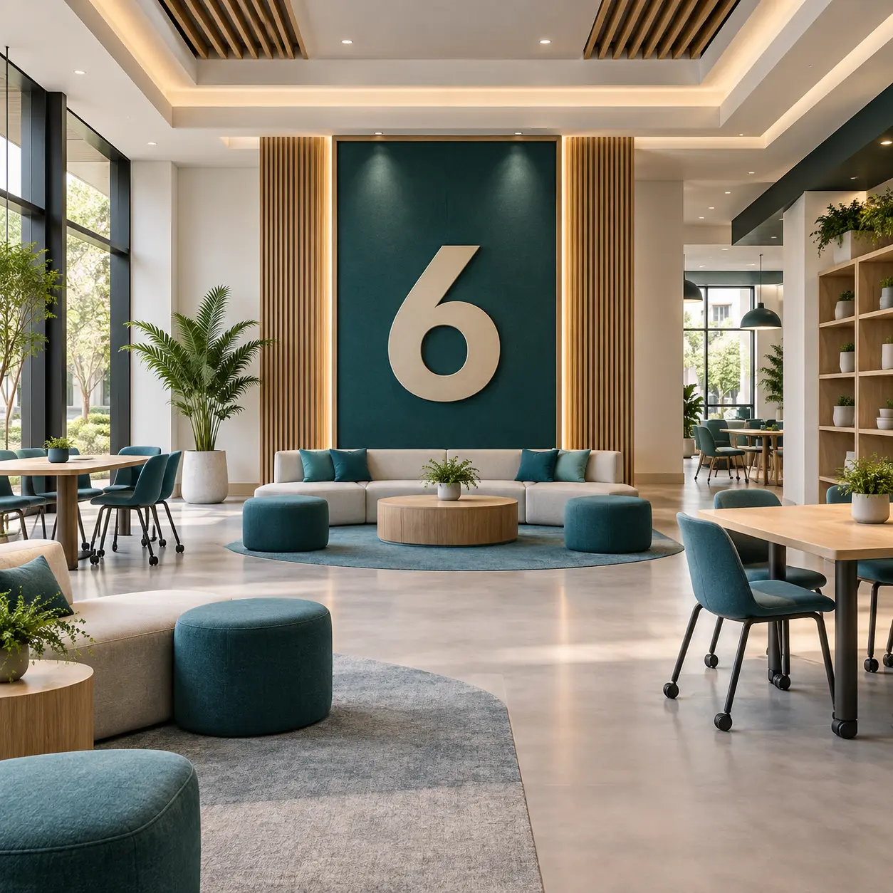 Multipurpose campus interior with a large 6 numeral.