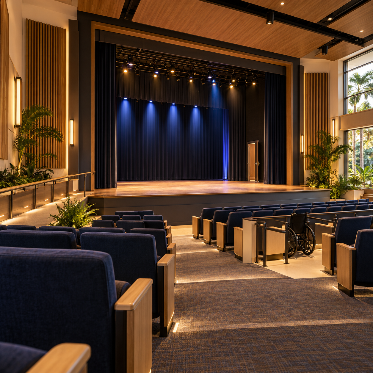 Performance Theater concept art: an accessible auditorium with a lit stage, tiered seating, and a wheelchair space.