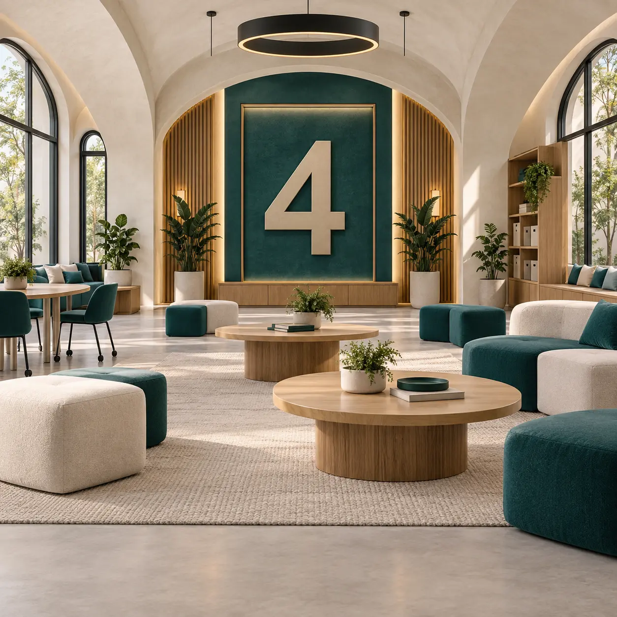Multipurpose campus interior with a large 4 numeral.