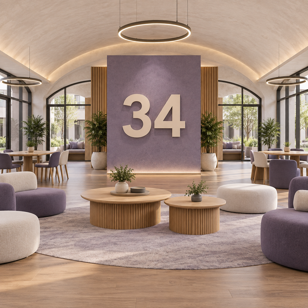 Multipurpose campus interior with a large 34 numeral.