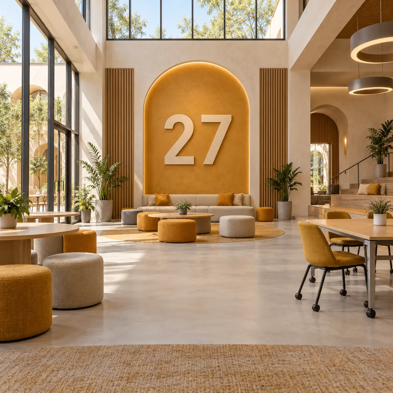 Multipurpose campus interior with a large 27 numeral.