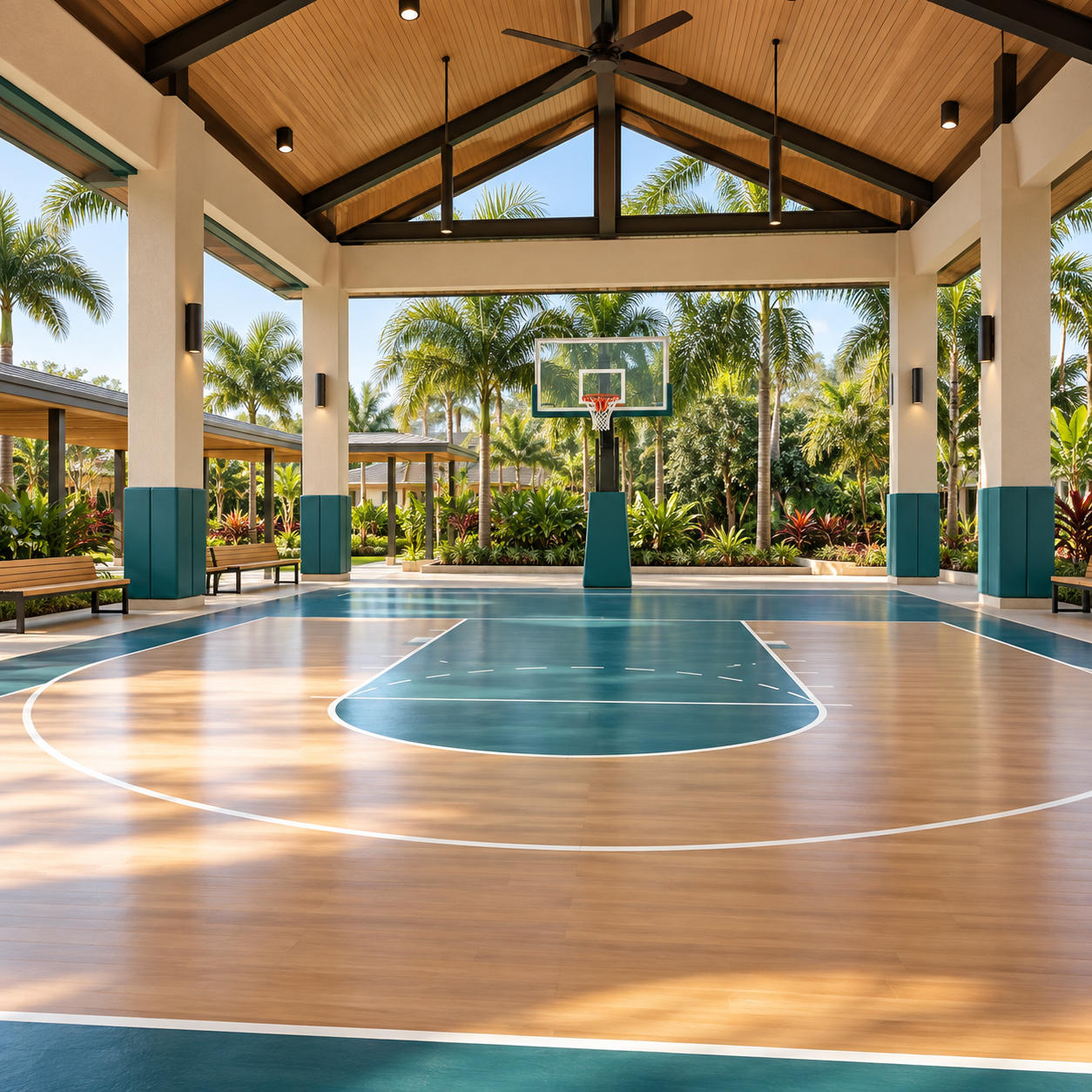 Basketball Pavilion concept art: a covered court with a wood ceiling, one hoop, and bench seating.