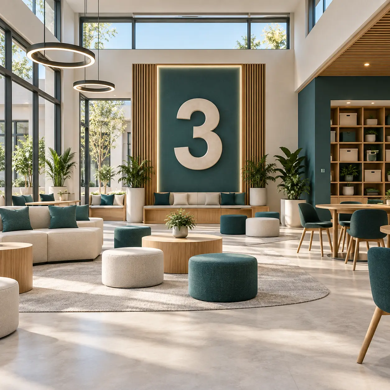 Multipurpose campus interior with a large 3 numeral.