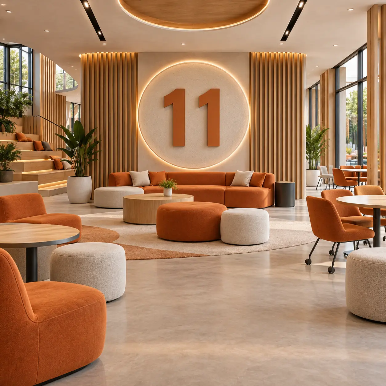 Multipurpose campus interior with a large 11 numeral.