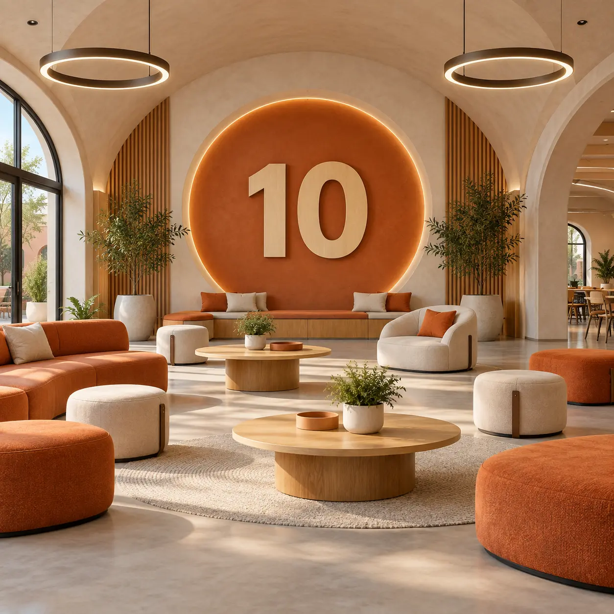 Multipurpose campus interior with a large 10 numeral.