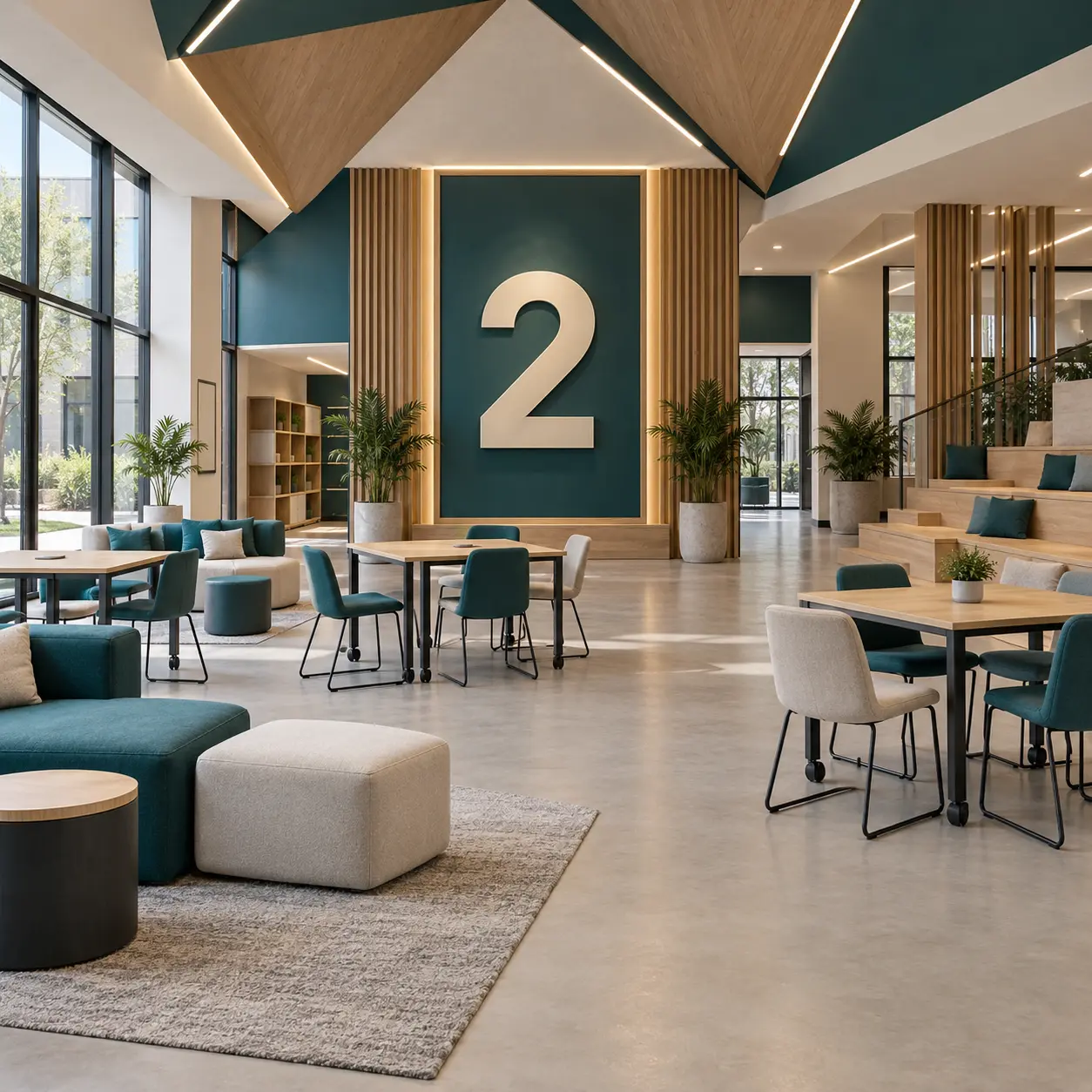 Multipurpose campus interior with a large 2 numeral.