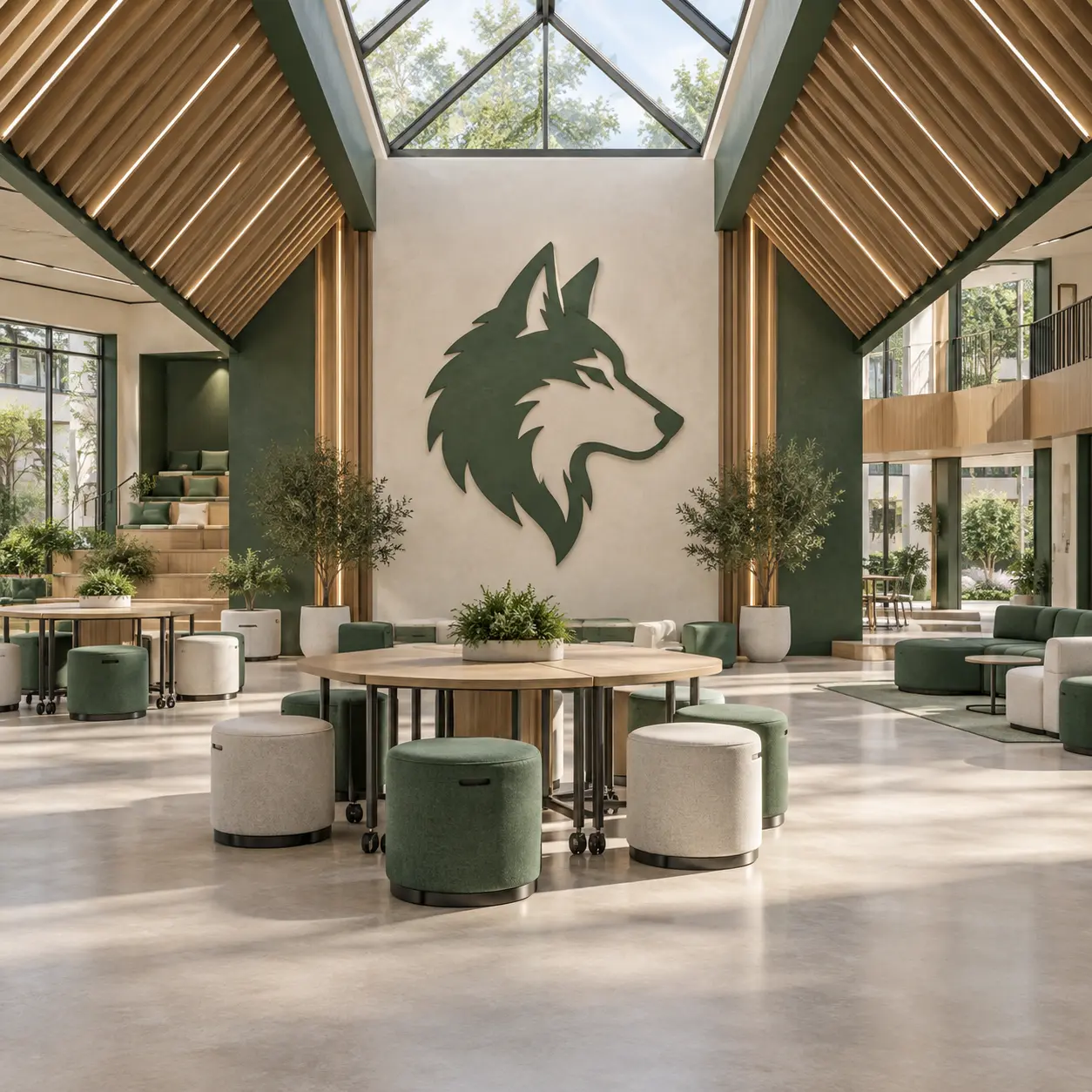 Wolf House concept interior with a central identifying emblem.
