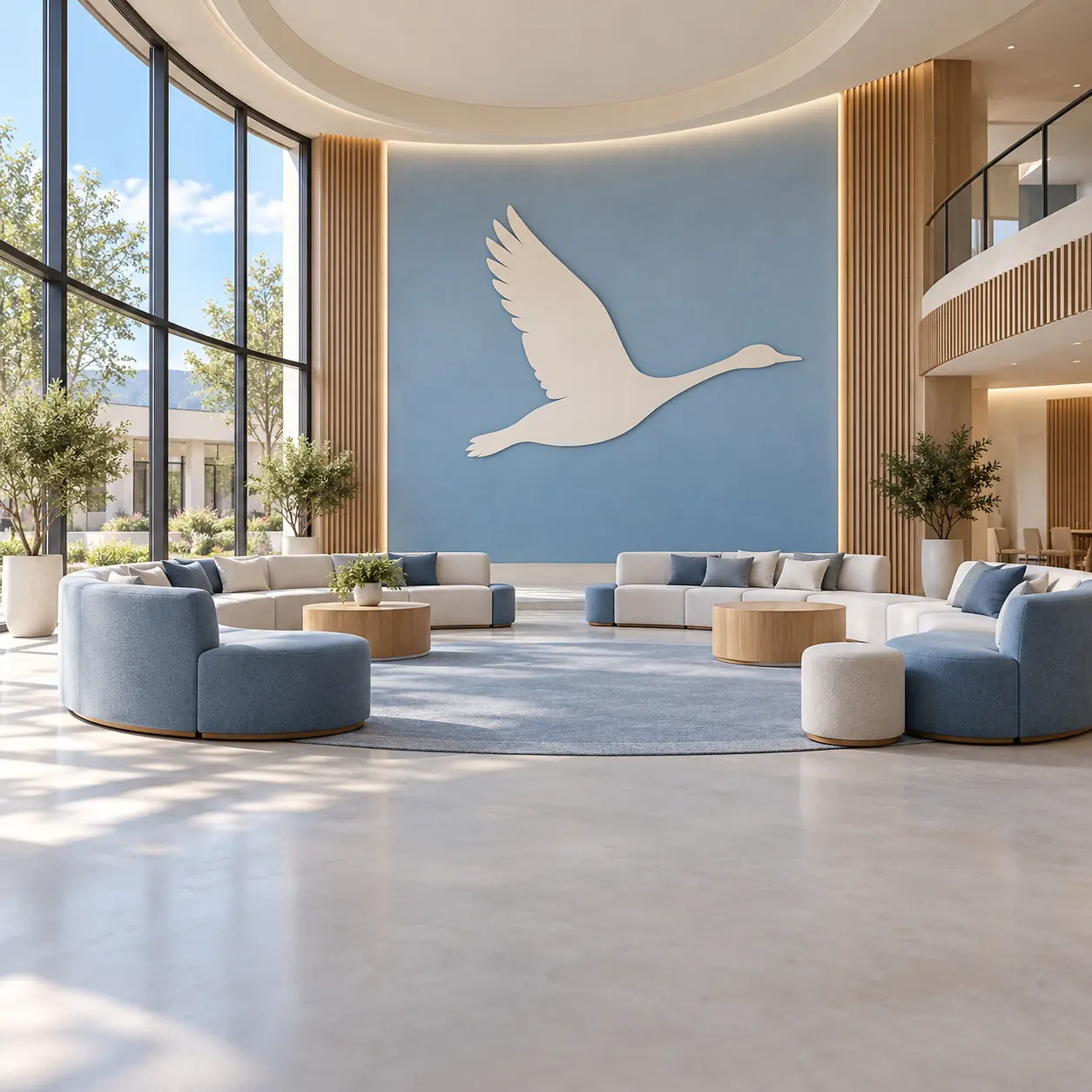 Goose House concept interior with a central identifying emblem.