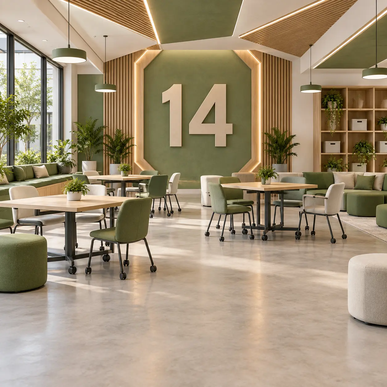 Multipurpose campus interior with a large 14 numeral.