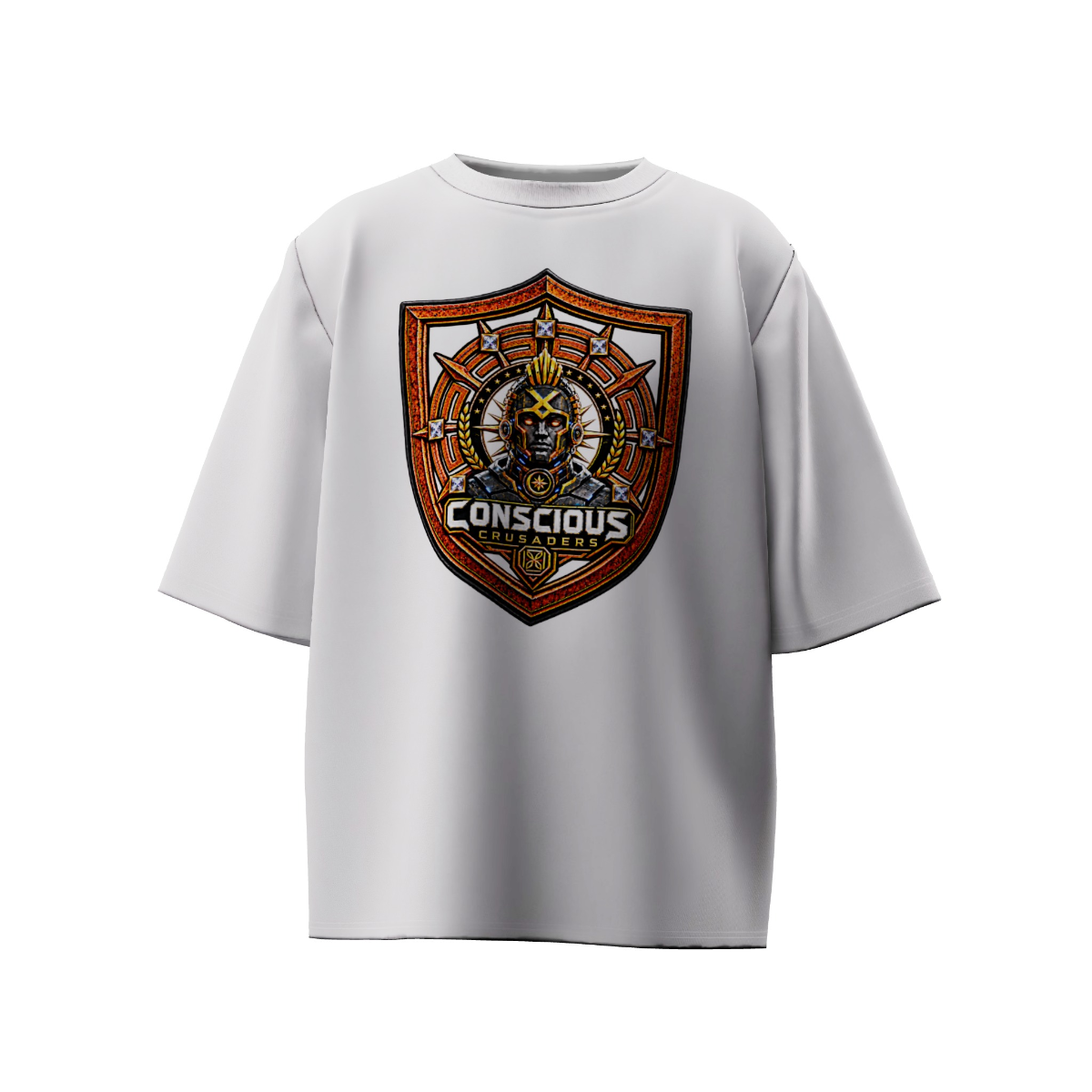 White tee mock-up with the Conscious Crusaders crest