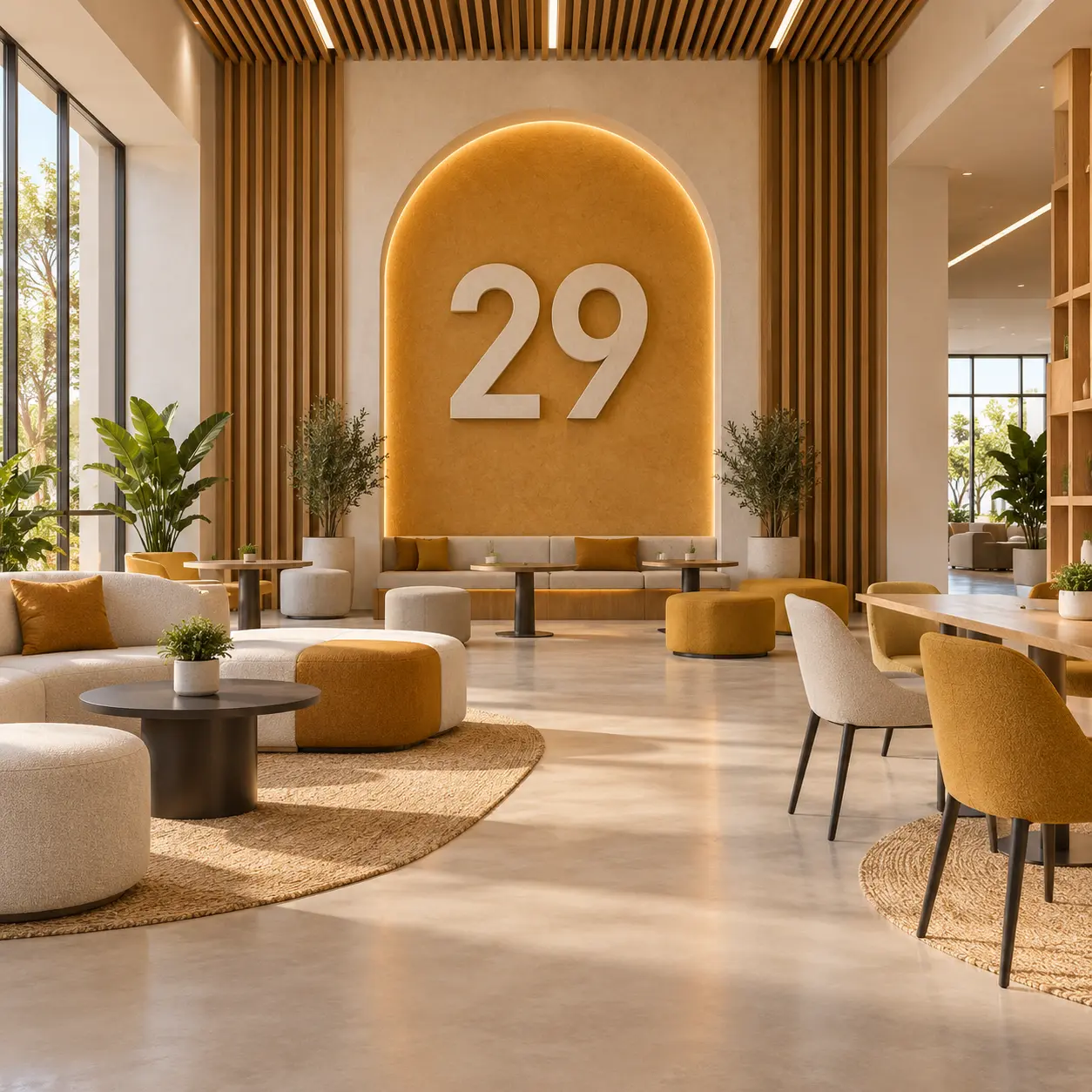 Multipurpose campus interior with a large 29 numeral.