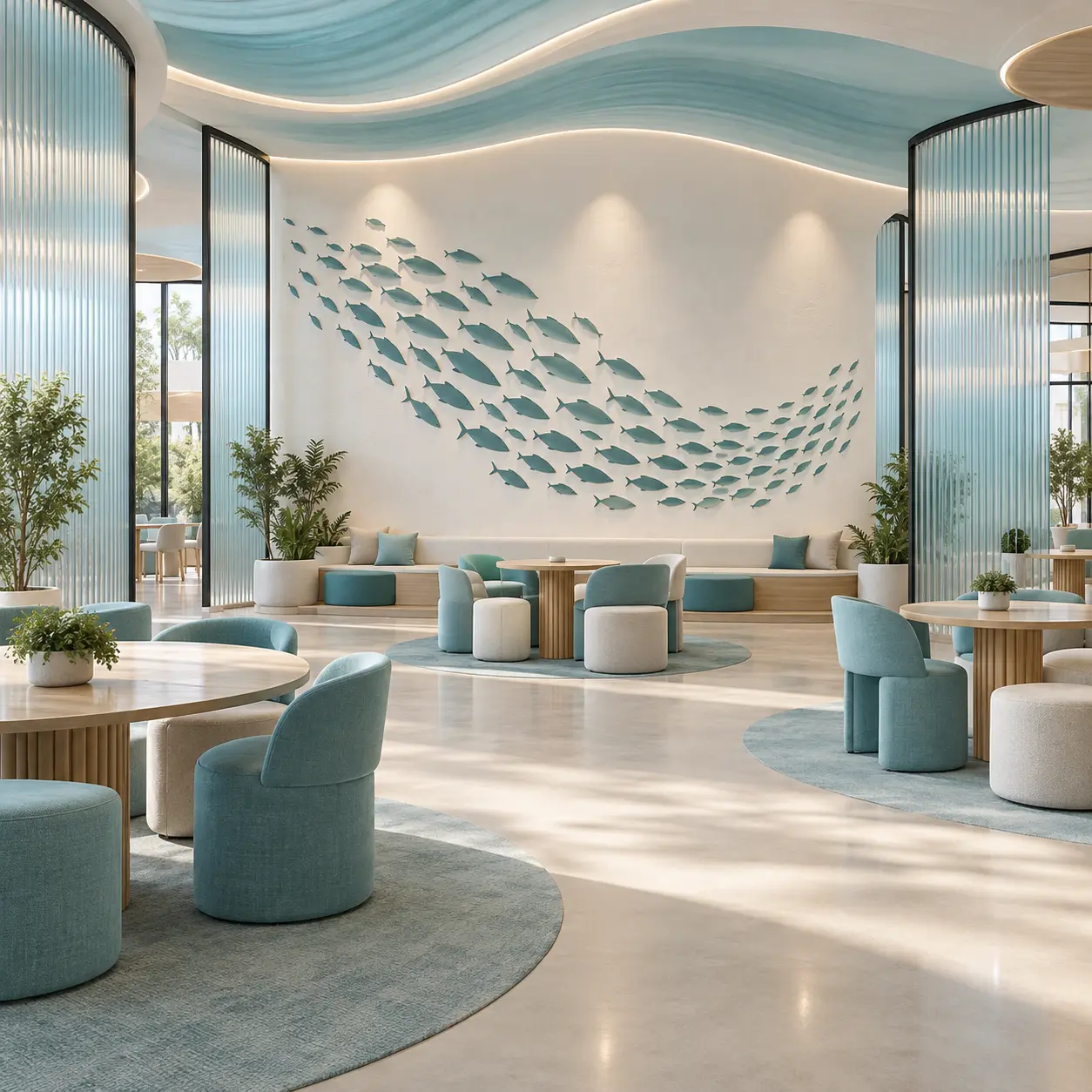 Schooling Fish House concept interior with a central identifying emblem.