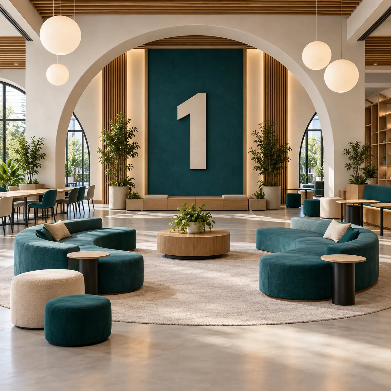 Multipurpose campus interior with a large 1 numeral.