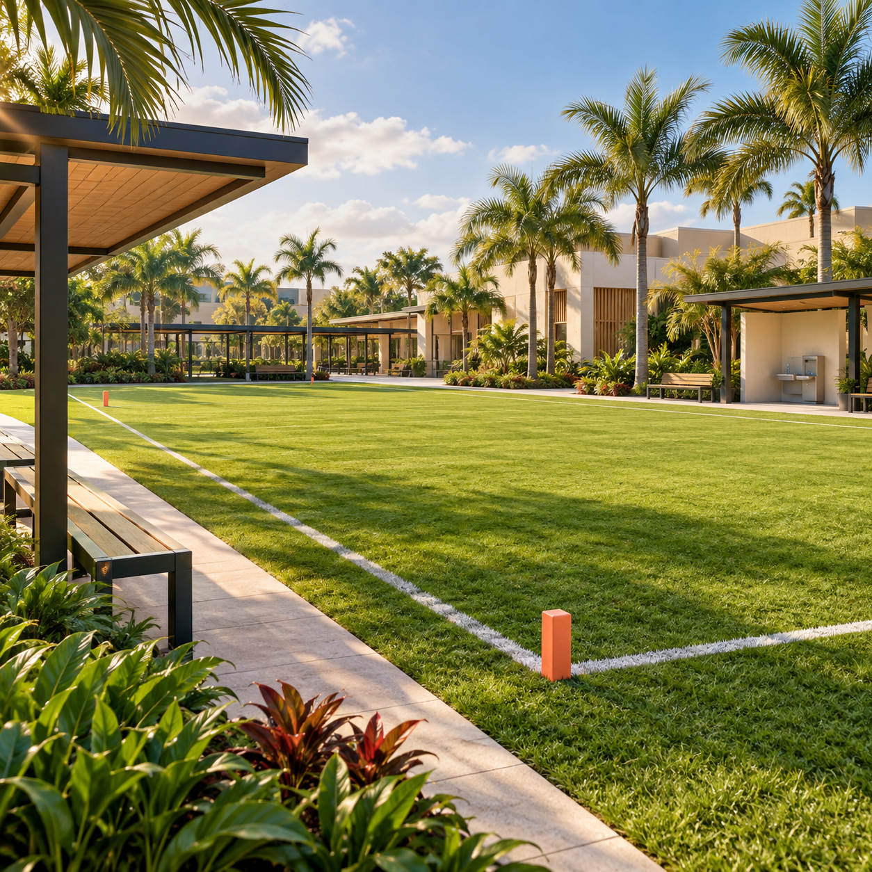 Two-Hand Touch Football Field concept art: a marked grass field with covered seating and palms.