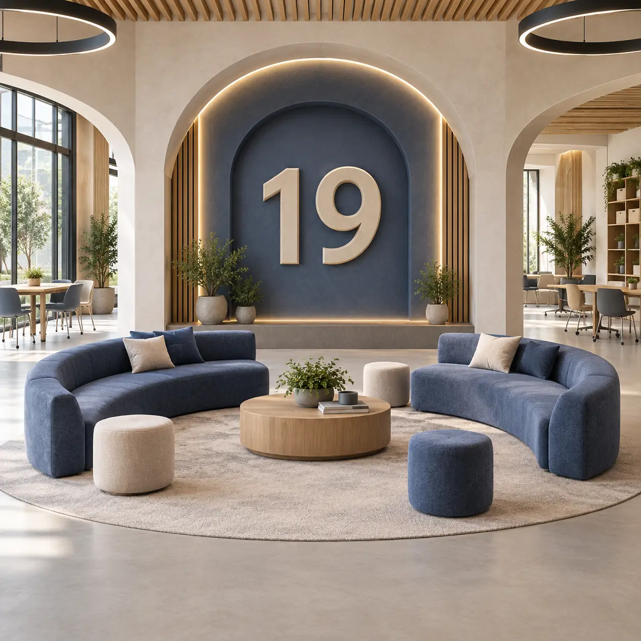 Multipurpose campus interior with a large 19 numeral.