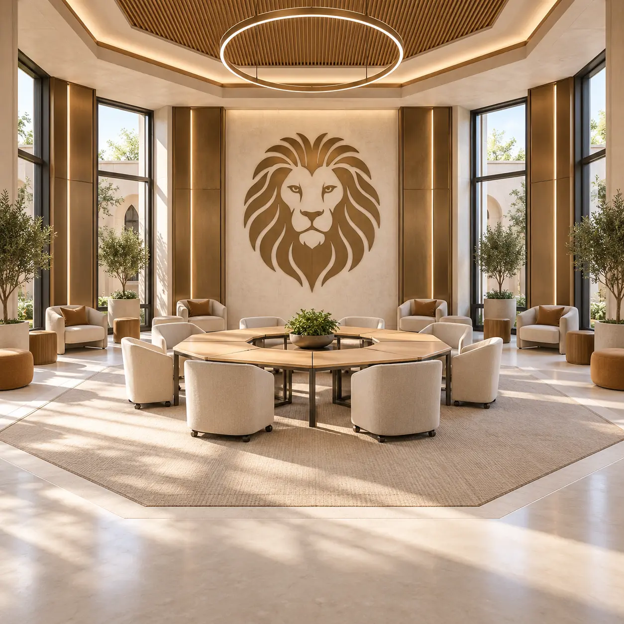 Lion House concept interior with a central identifying emblem.