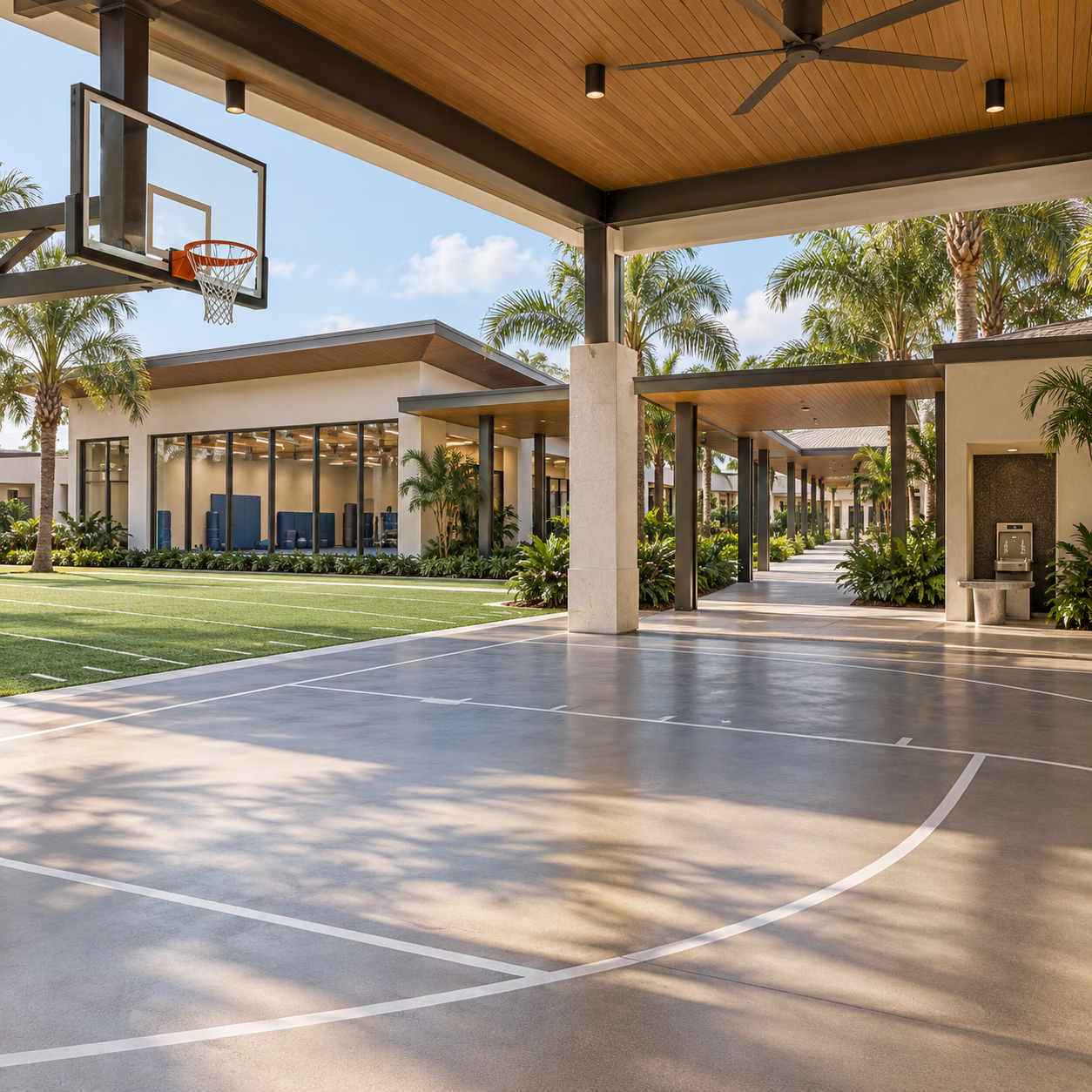 Athletic Complex concept art: a covered outdoor court beside an open field, with walkways and palms.