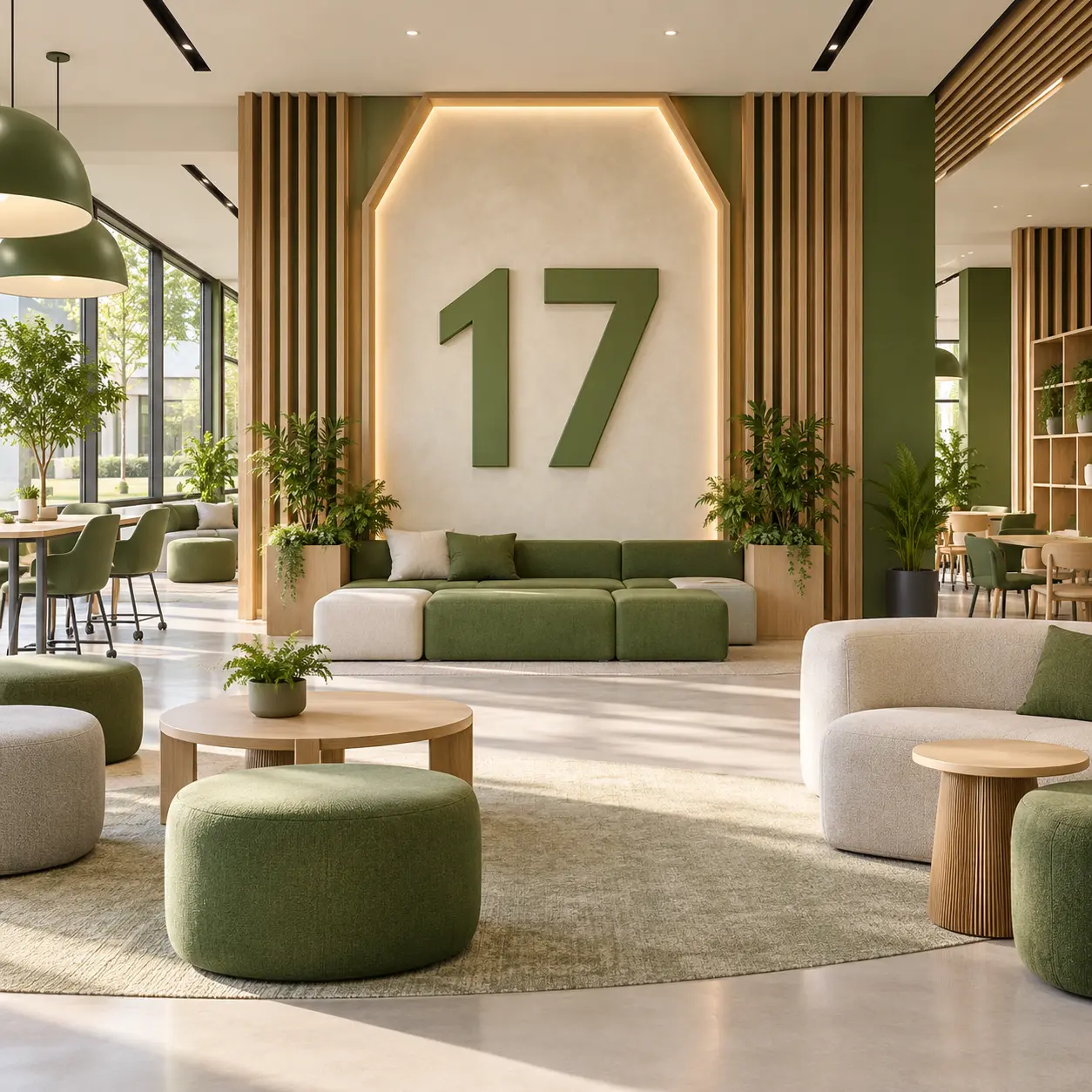 Multipurpose campus interior with a large 17 numeral.