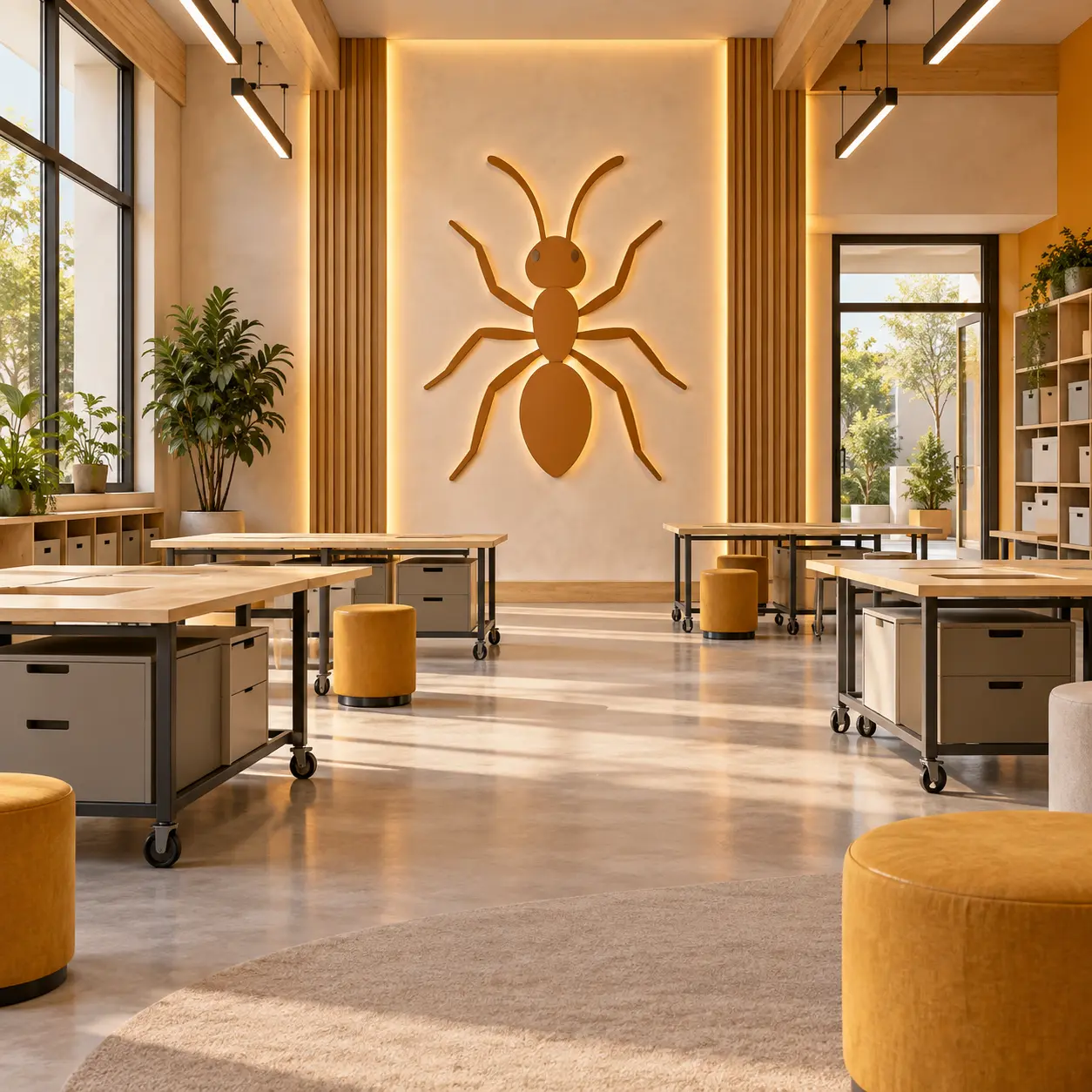 Ant House concept interior with a central identifying emblem.