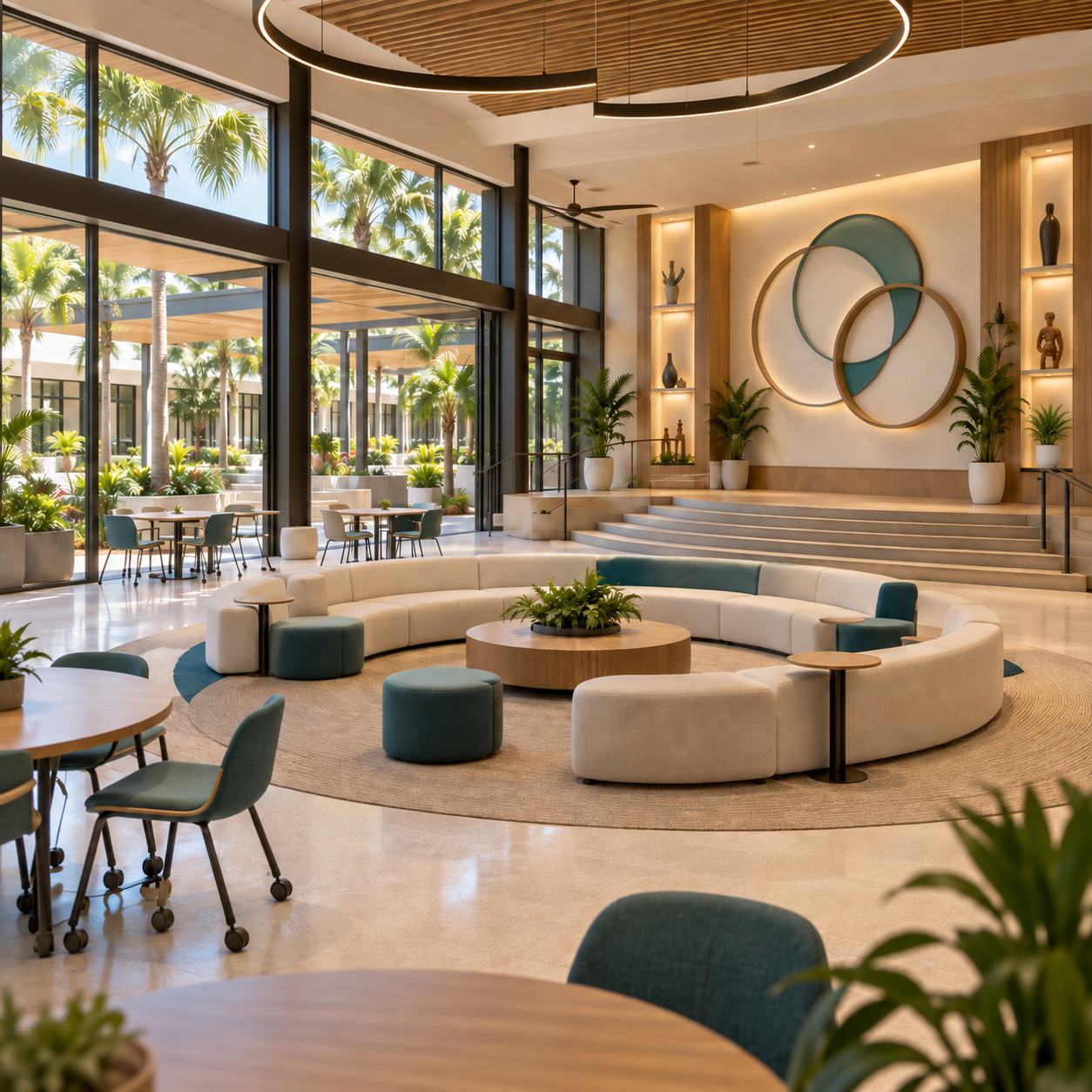 Conscious Crusaders Commons concept art: a bright round lounge with curved seating, plants, and tall windows.