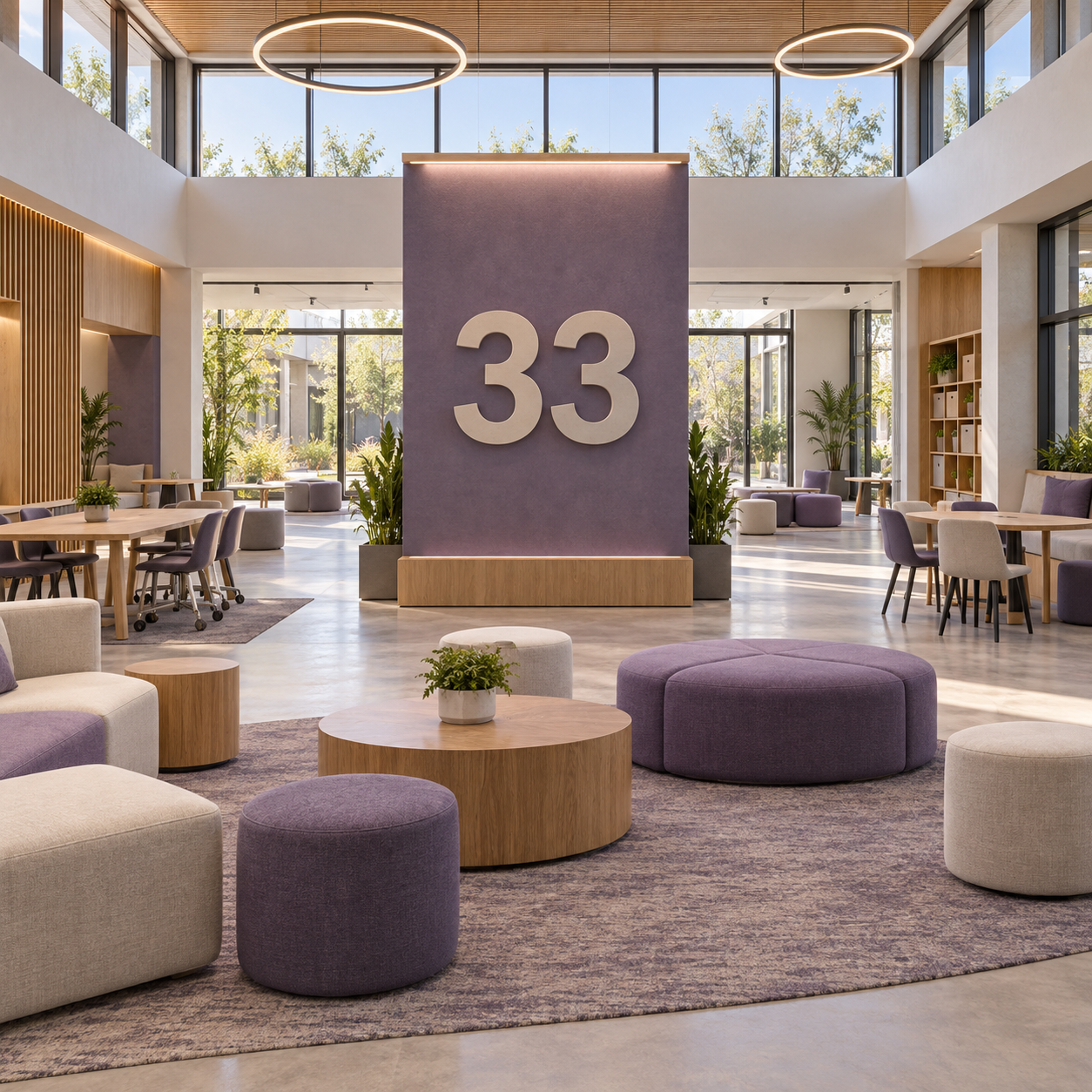 Multipurpose campus interior with a large 33 numeral.