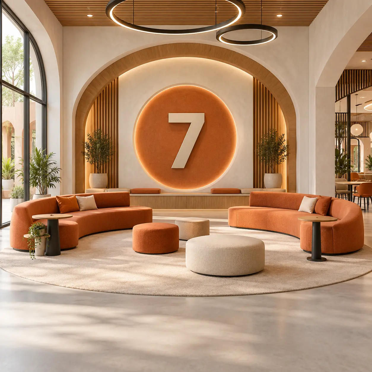 Multipurpose campus interior with a large 7 numeral.