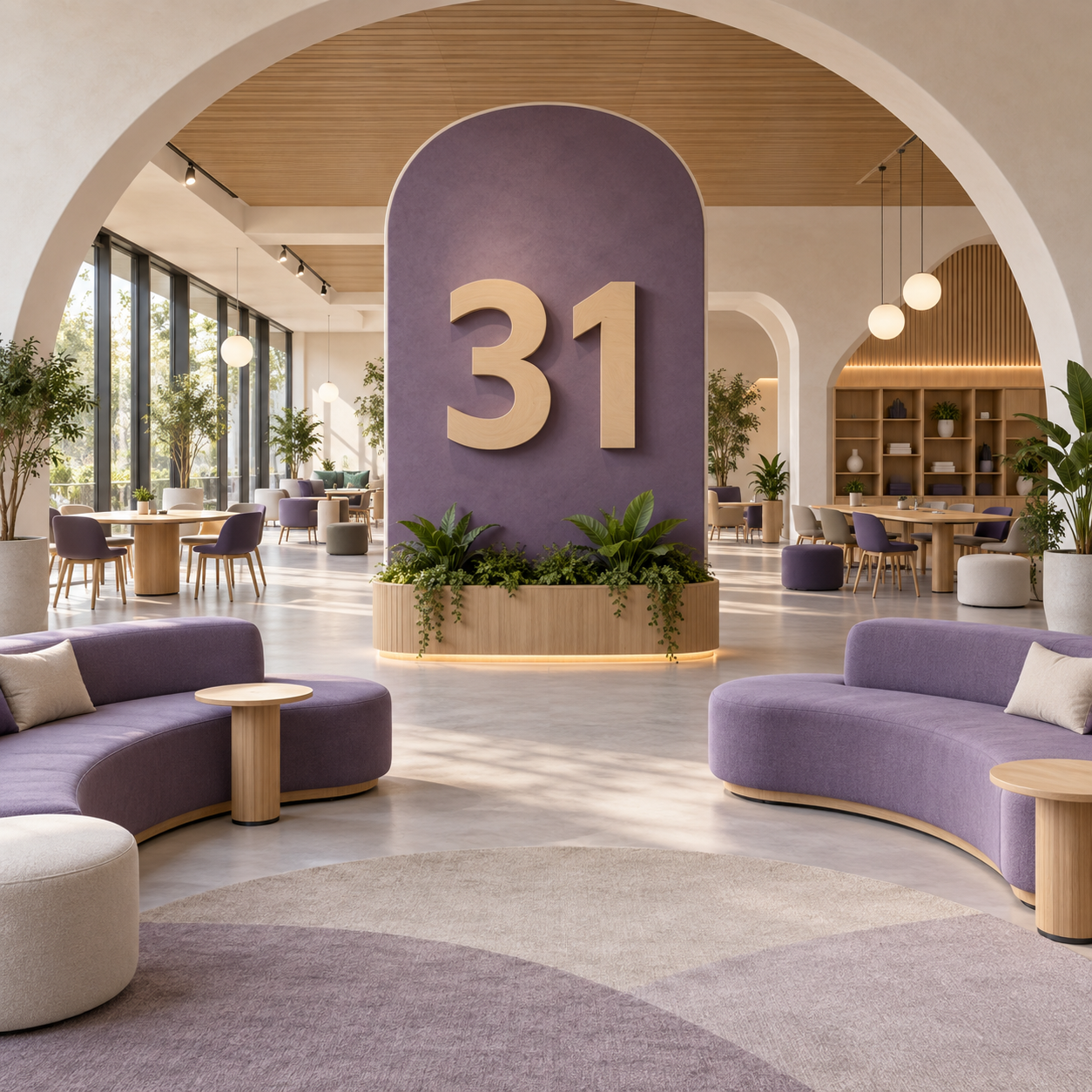 Multipurpose campus interior with a large 31 numeral.