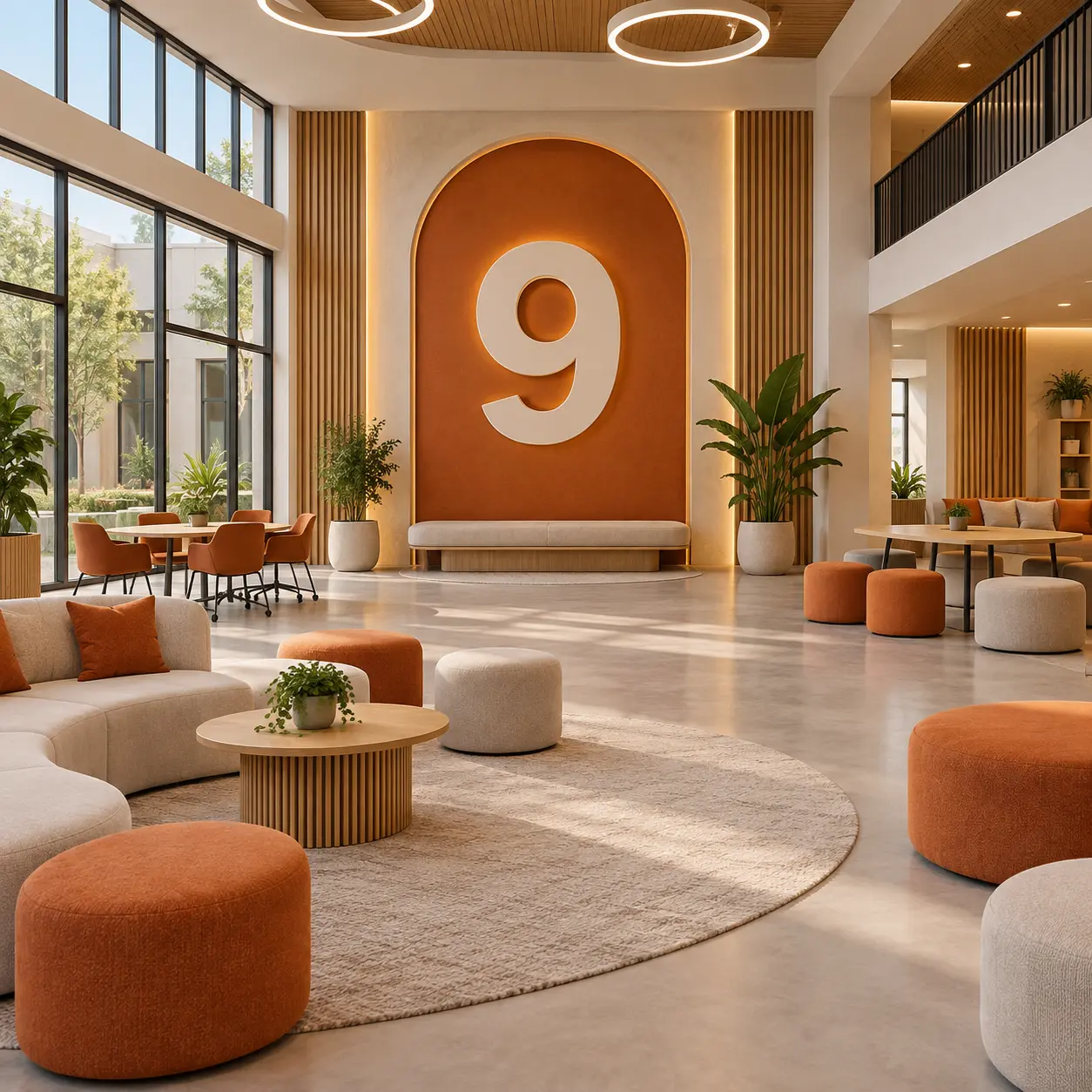 Multipurpose campus interior with a large 9 numeral.