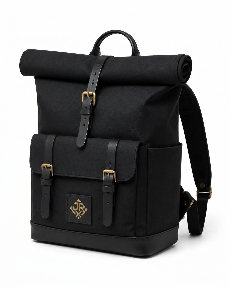 Black waxed canvas Crusader rolltop backpack