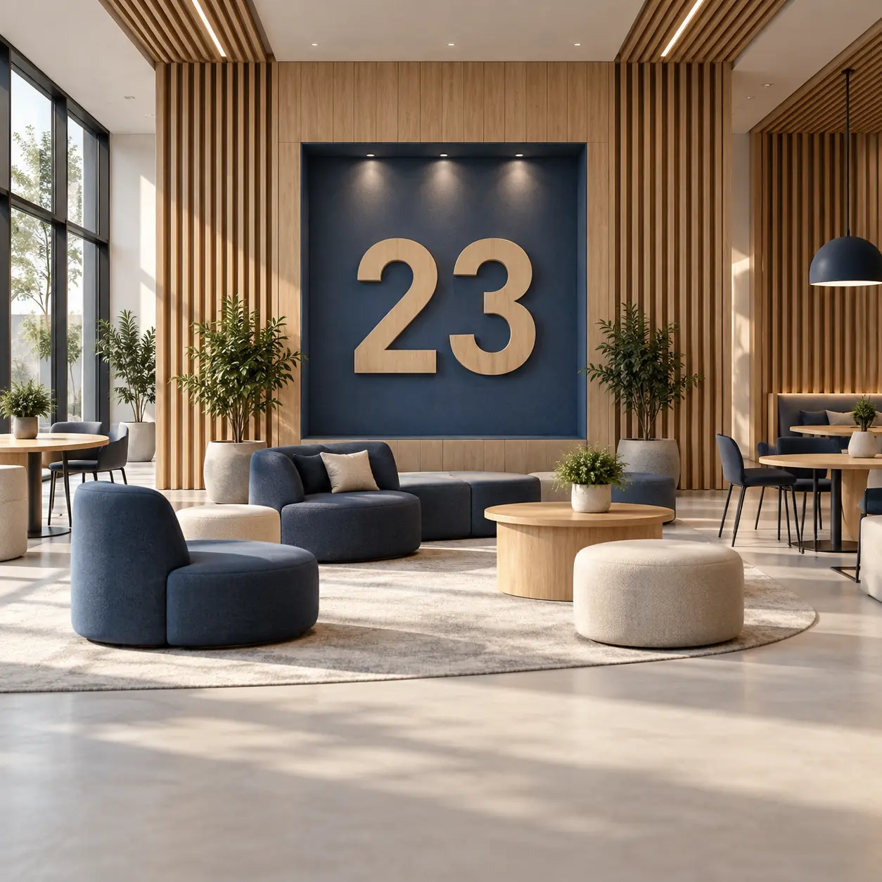 Multipurpose campus interior with a large 23 numeral.