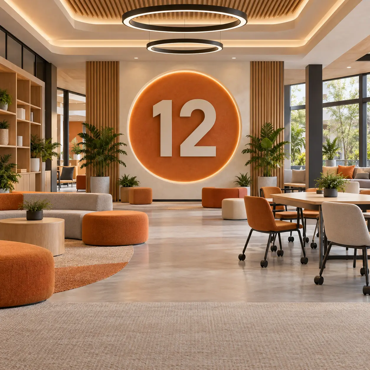 Multipurpose campus interior with a large 12 numeral.