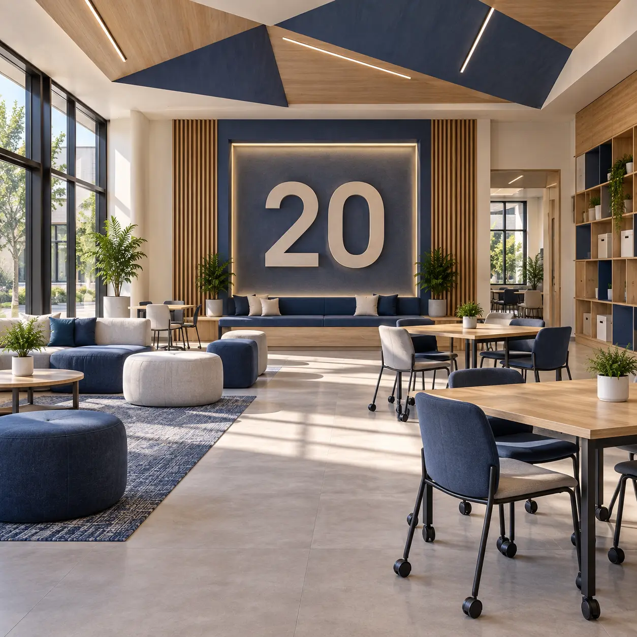 Multipurpose campus interior with a large 20 numeral.
