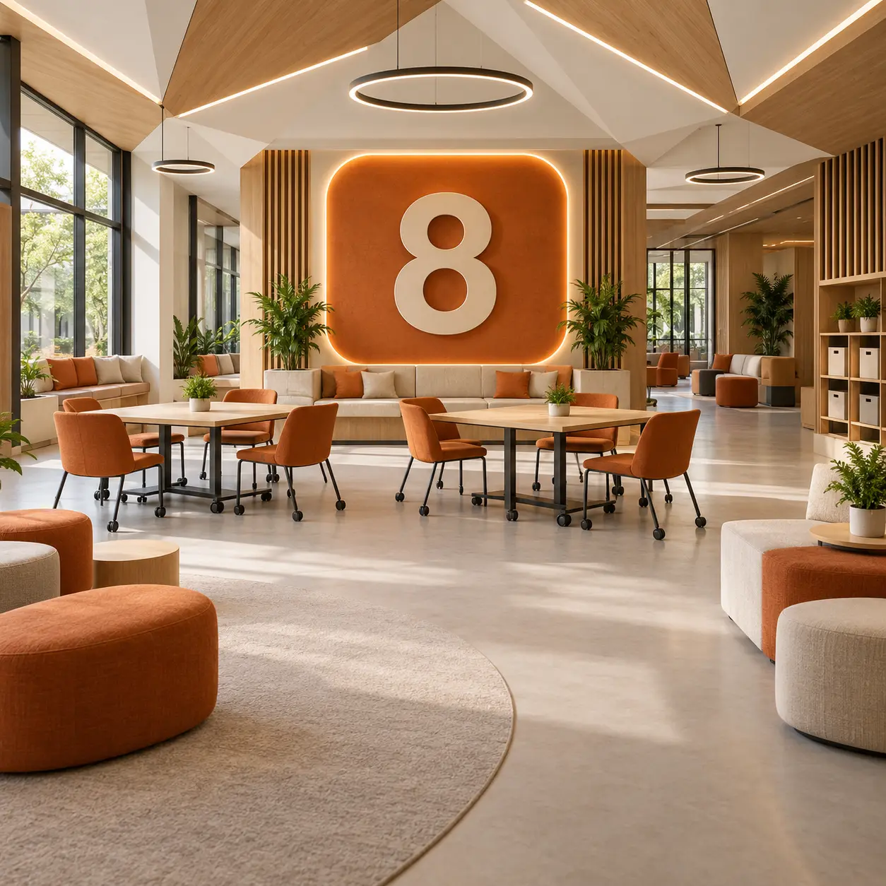 Multipurpose campus interior with a large 8 numeral.
