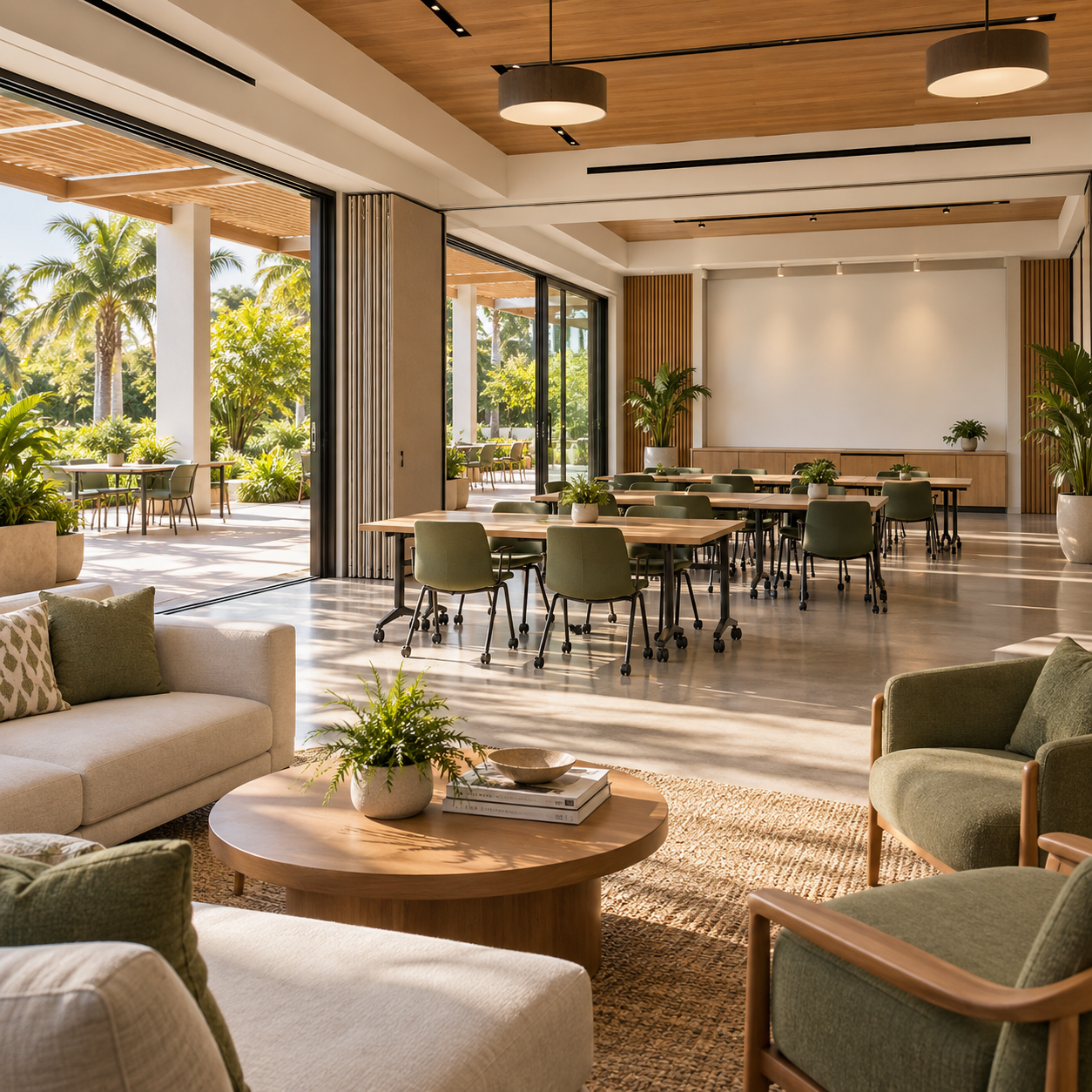 CLS Multipurpose Room concept art: a flexible room with movable tables, lounge seating, and an open sunny patio.