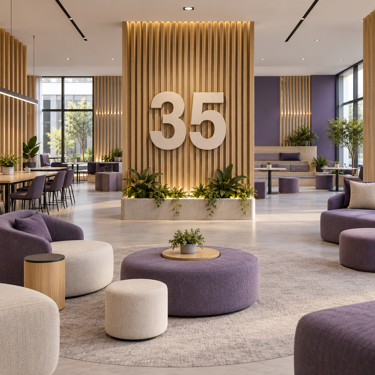 Multipurpose campus interior with a large 35 numeral.