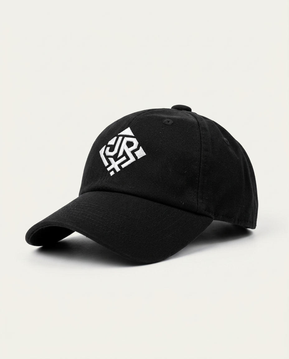 Premium black cap mock-up with the official white JRX logo embroidered on the front