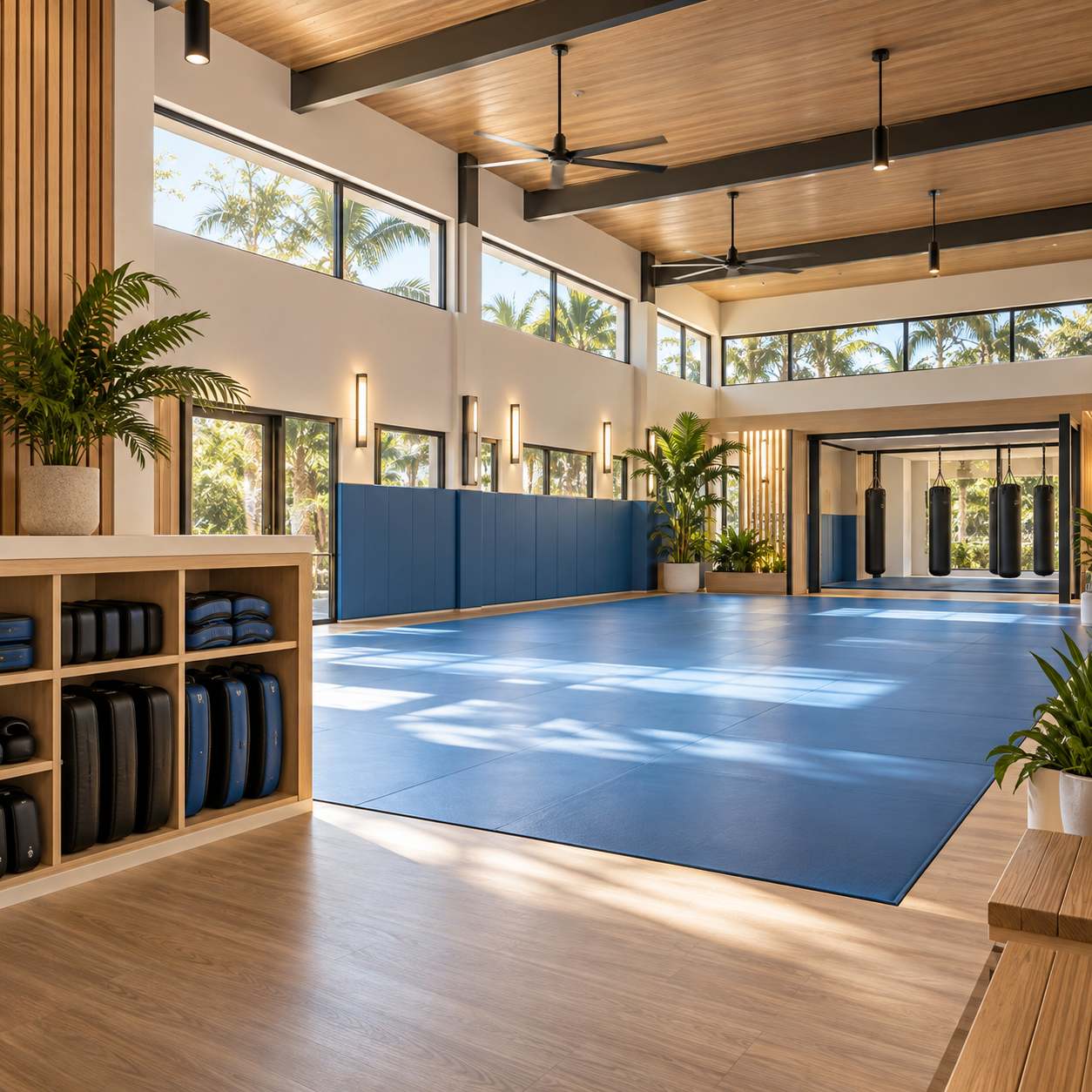 Conscious Combat Studio concept art: a matted studio with hanging bags, protective pads, and a wood ceiling.