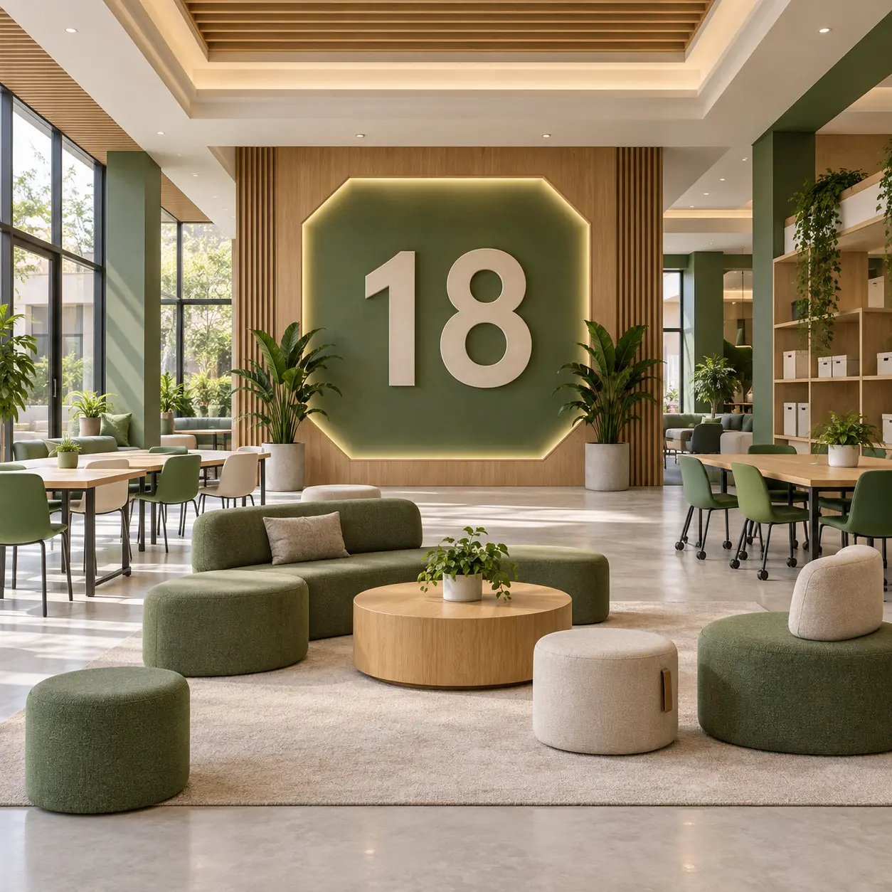 Multipurpose campus interior with a large 18 numeral.