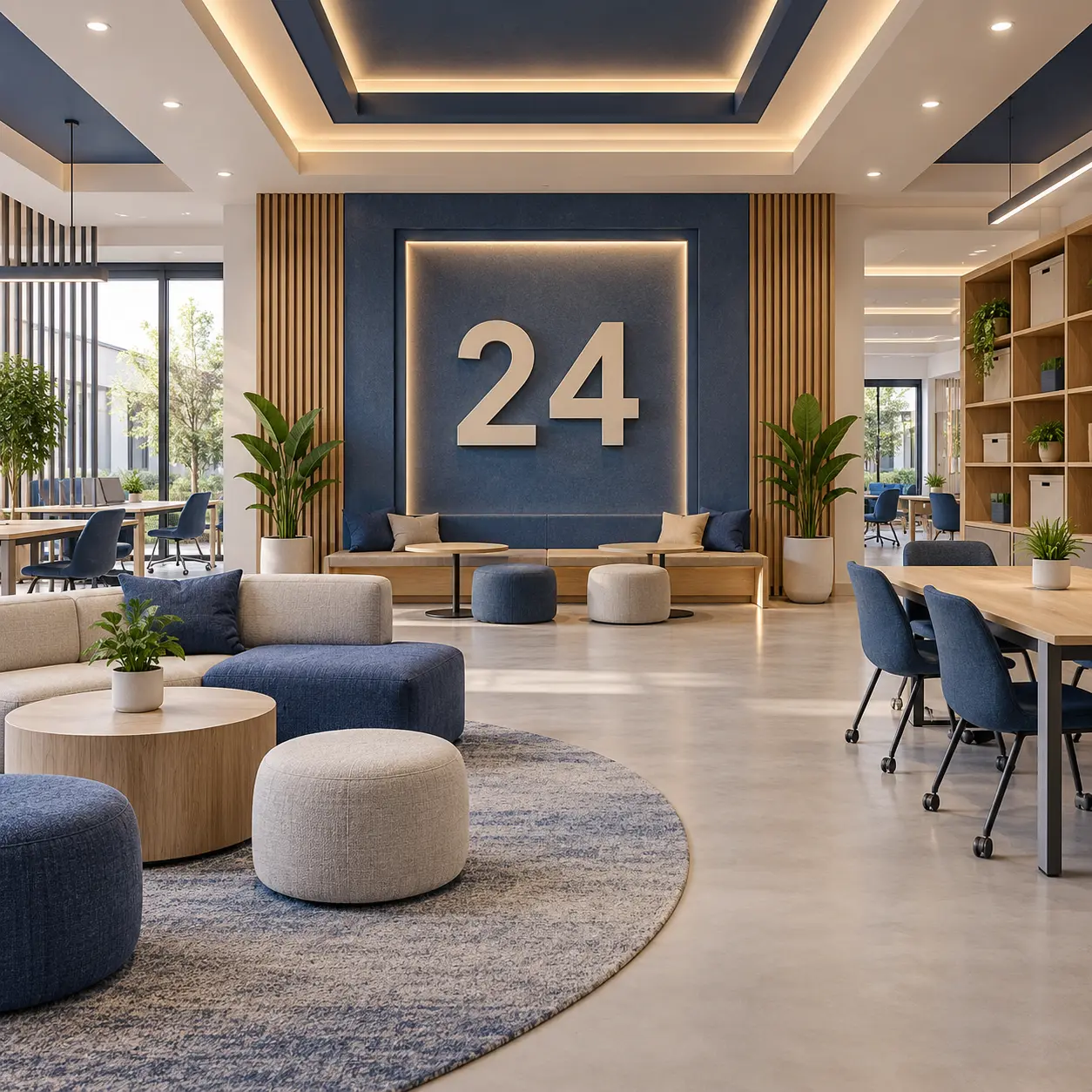 Multipurpose campus interior with a large 24 numeral.