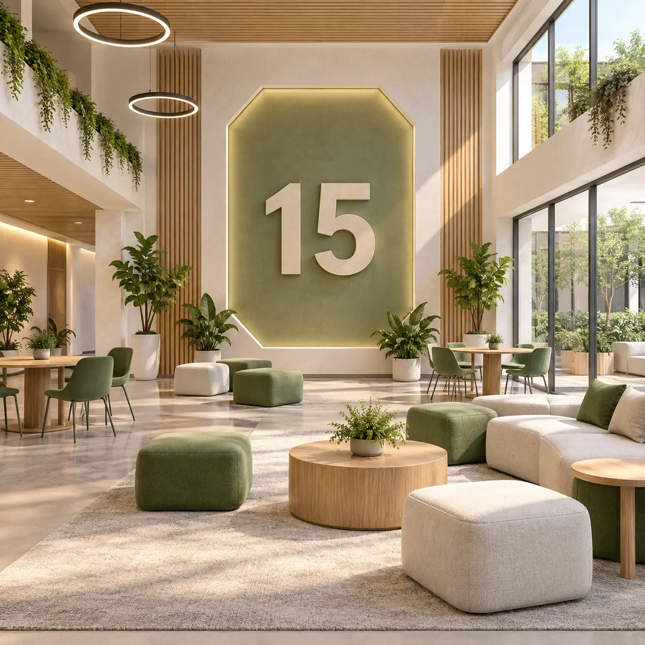 Multipurpose campus interior with a large 15 numeral.