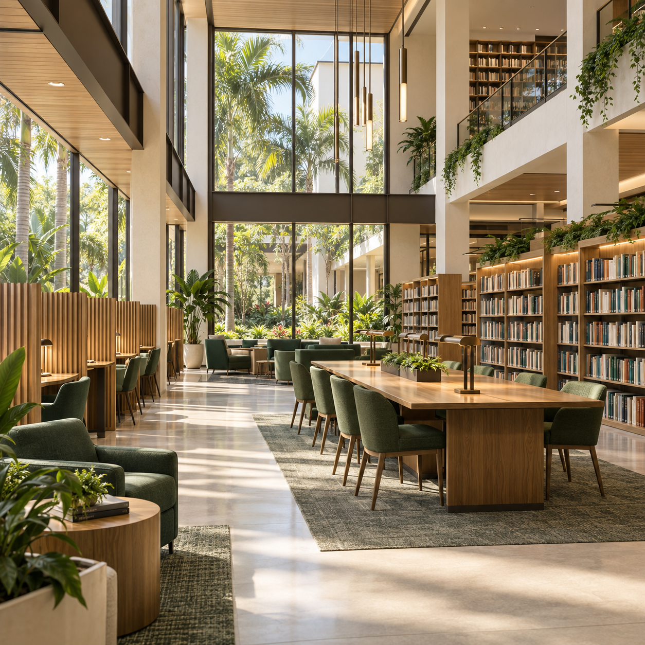 Library and Learning Commons concept art: a sunlit multi-level library with shelves, study desks, and plants.