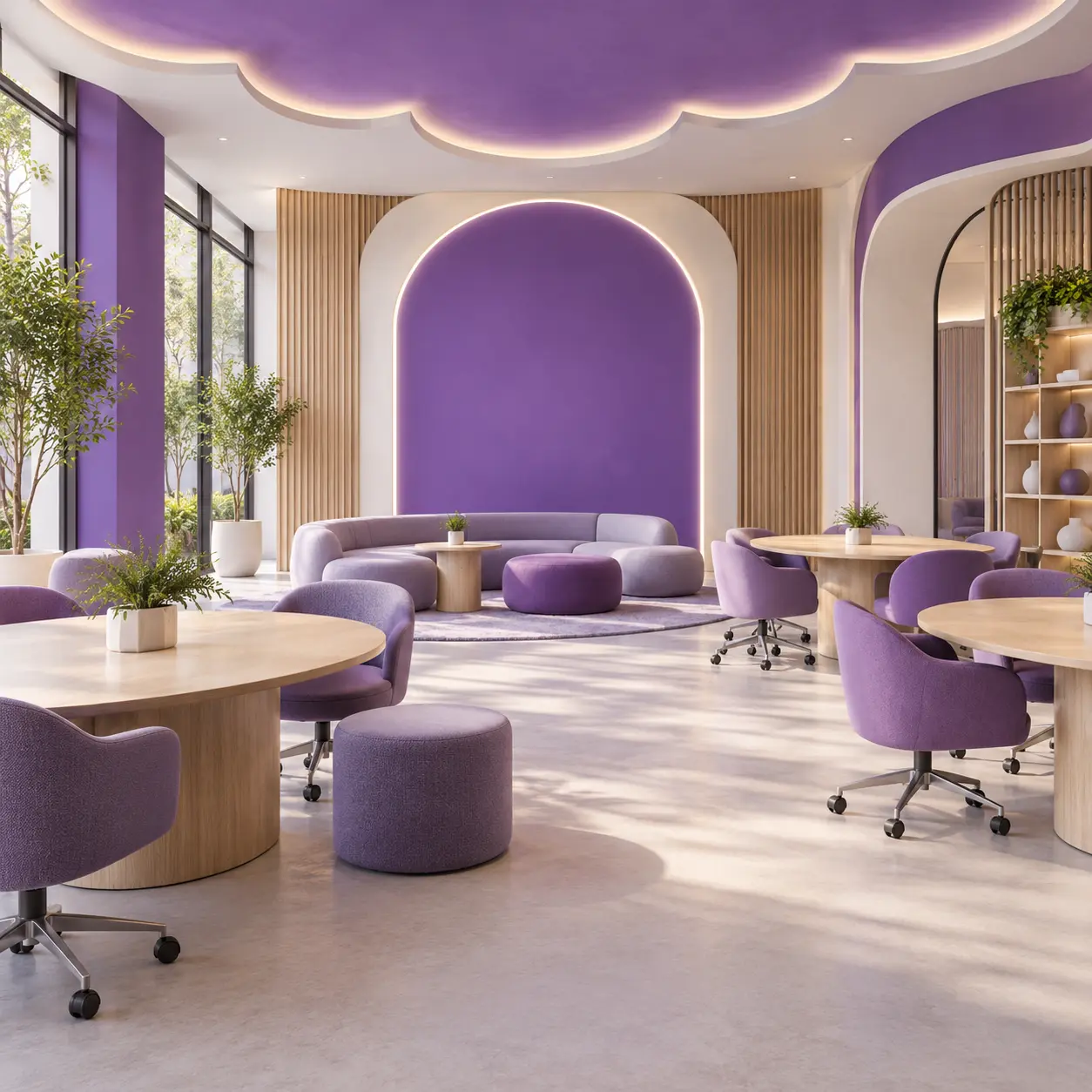 Violet Room concept interior with coordinated colored furnishings.