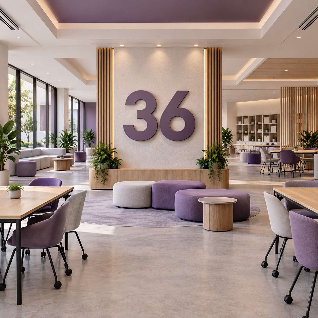 Multipurpose campus interior with a large 36 numeral.