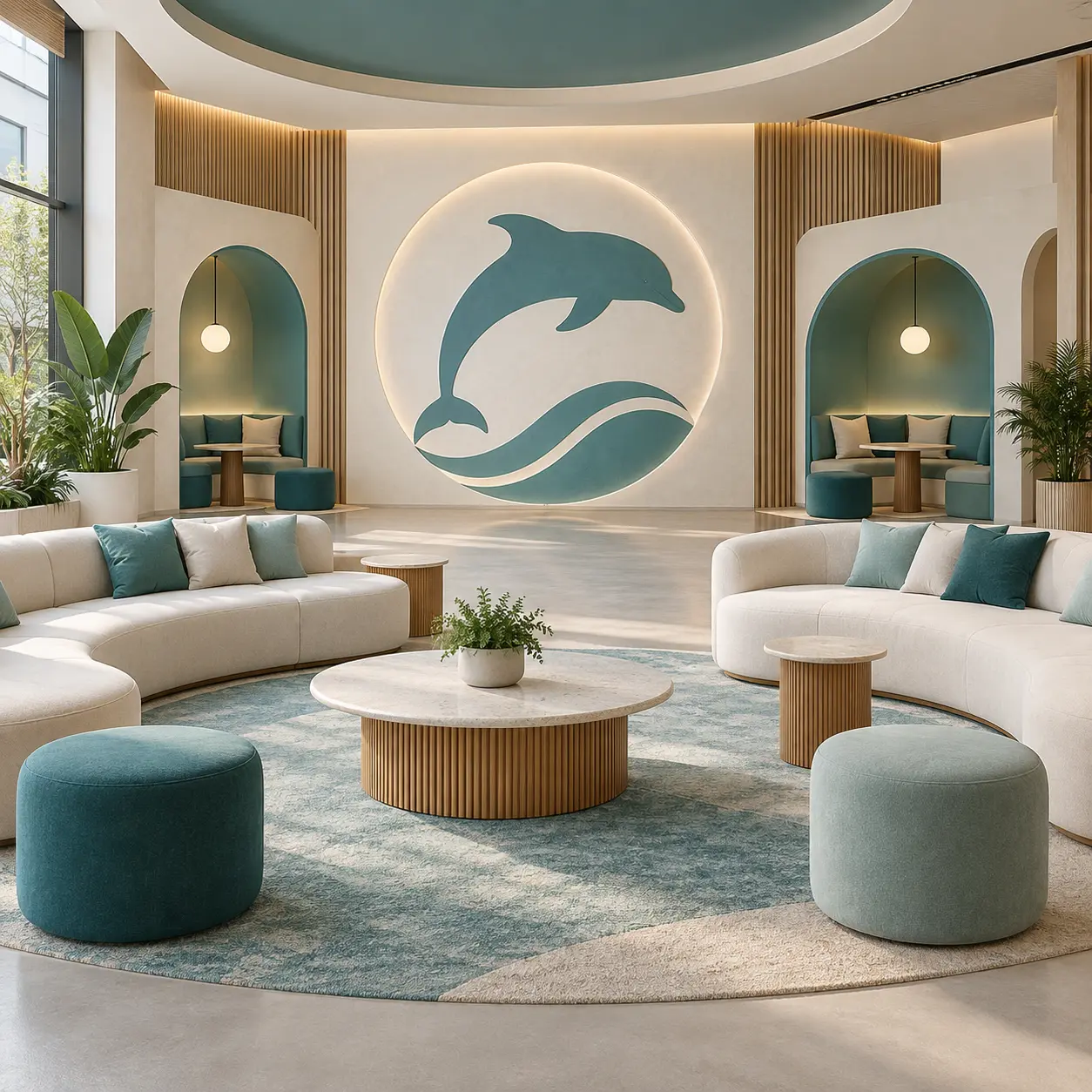 Dolphin House concept interior with a central identifying emblem.
