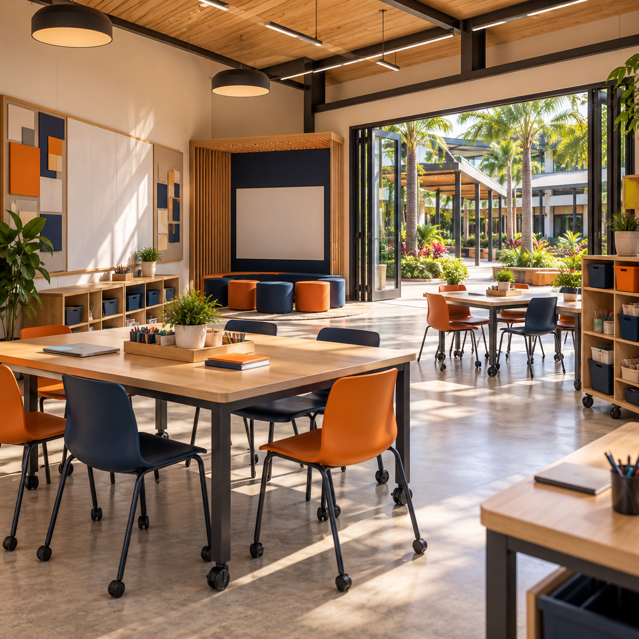YCS Collaboration Room concept art: movable tables and chairs in a bright room with a planted courtyard beyond the windows.