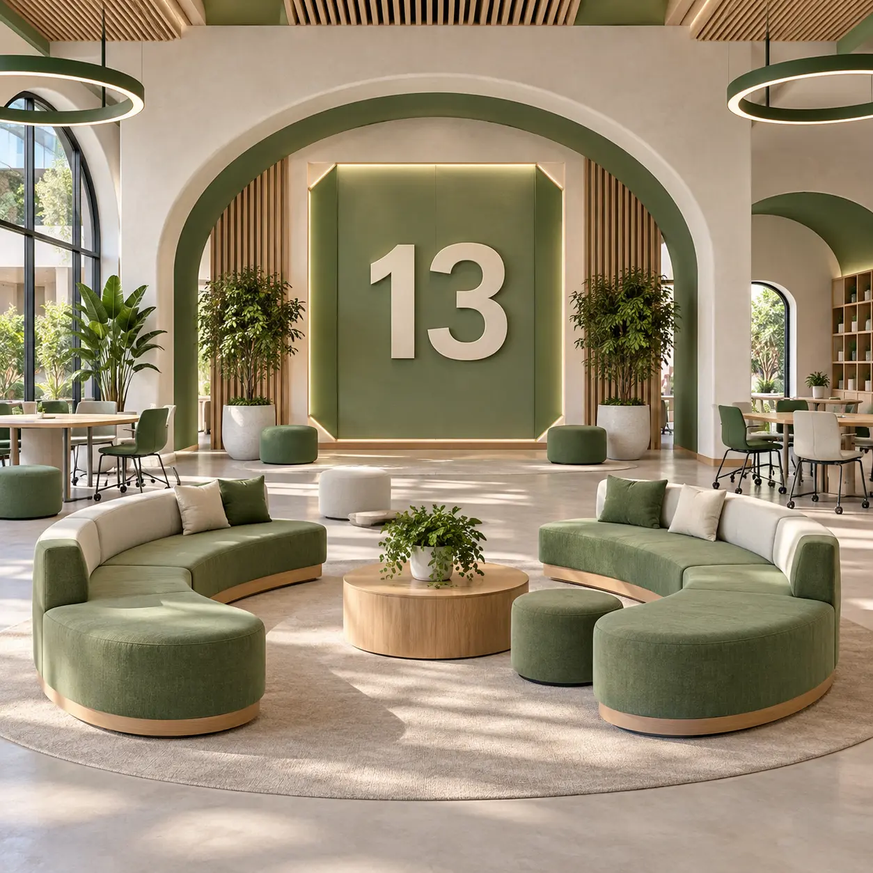 Multipurpose campus interior with a large 13 numeral.