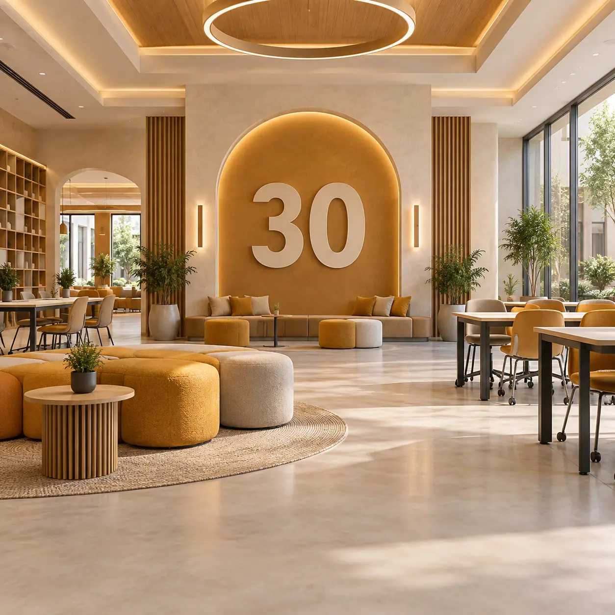 Multipurpose campus interior with a large 30 numeral.