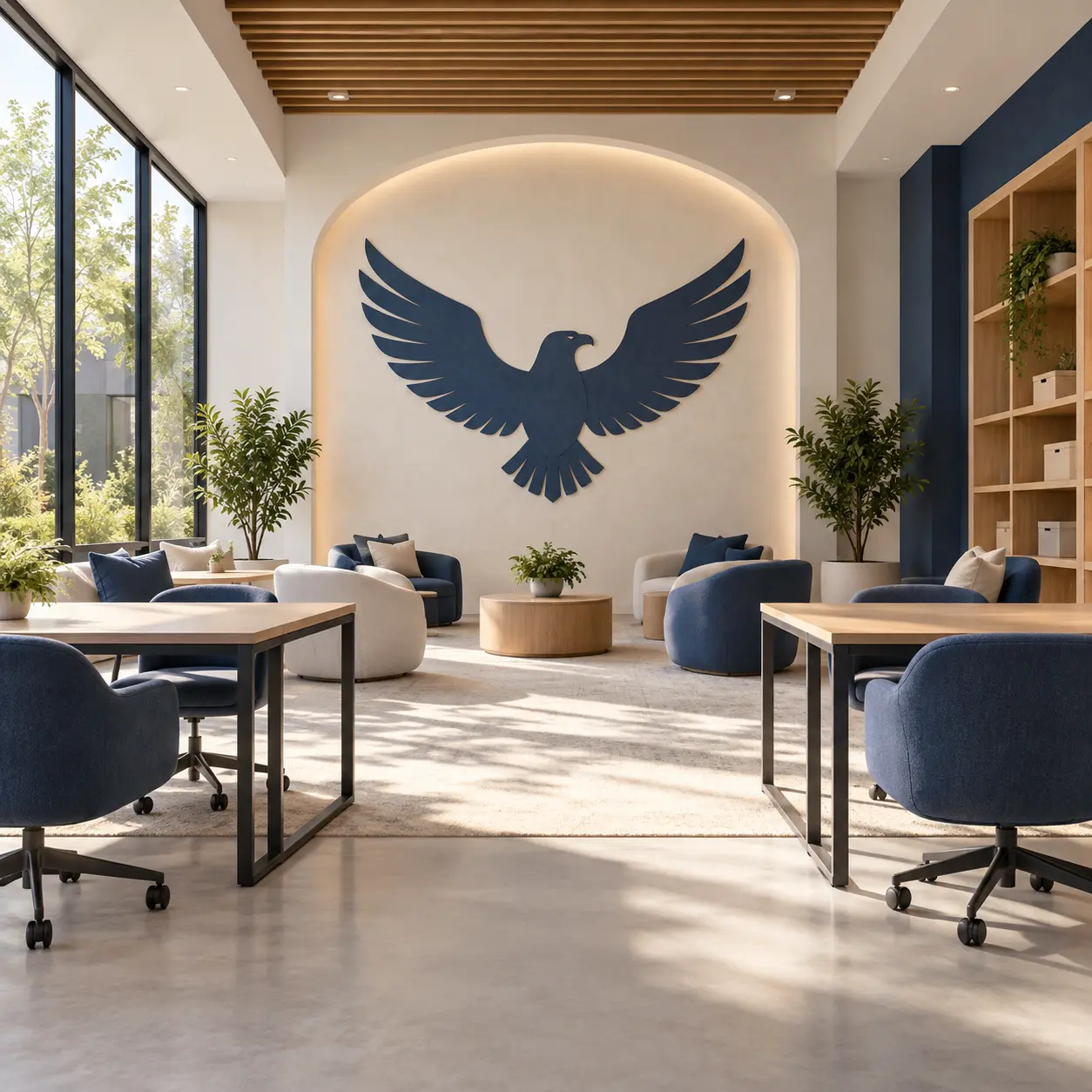 Eagle House concept interior with a central identifying emblem.