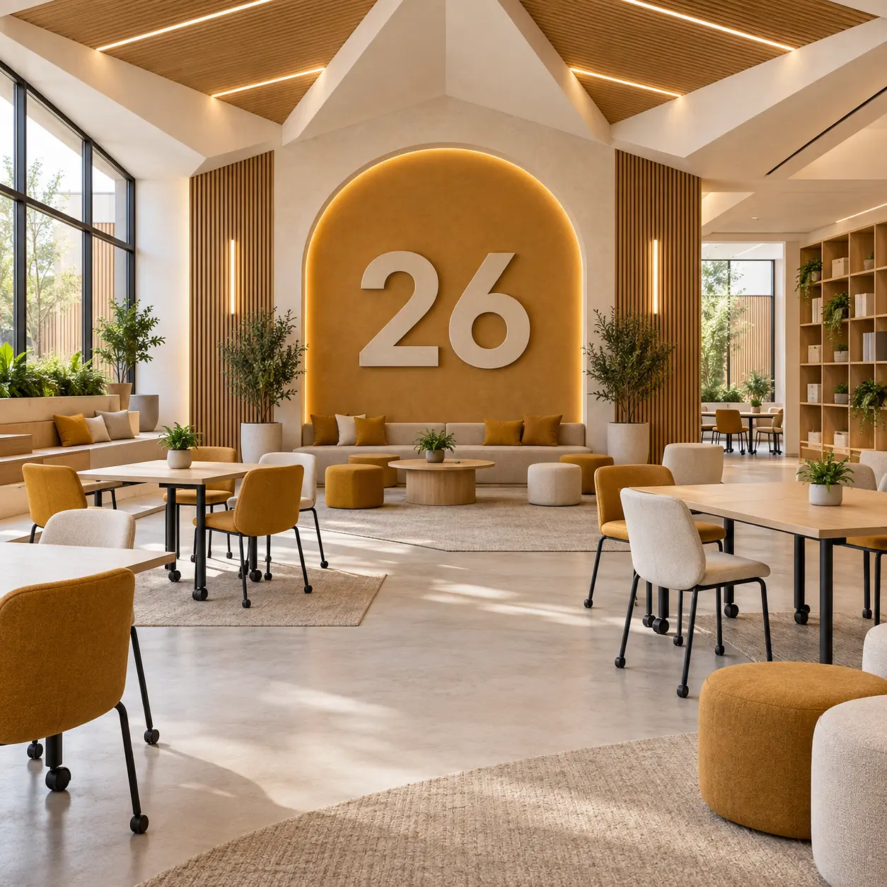Multipurpose campus interior with a large 26 numeral.